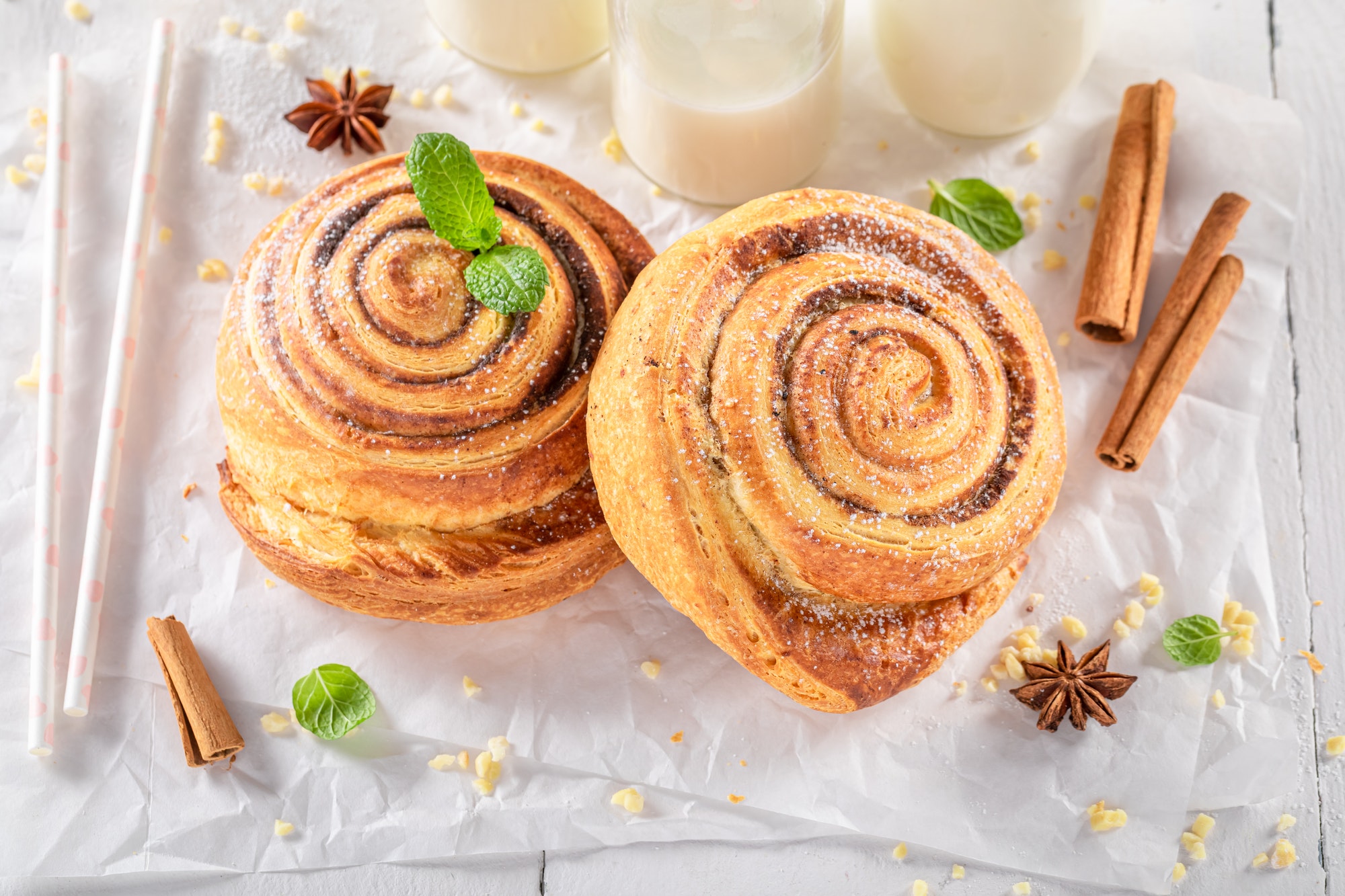 Sweet and delicious cinnamon rolls with sugar and cinnamon.